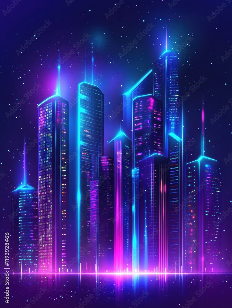 Poster vibrant cityscape with glowing skyscrapers under a starry sky showcasing neon lights and modern arch