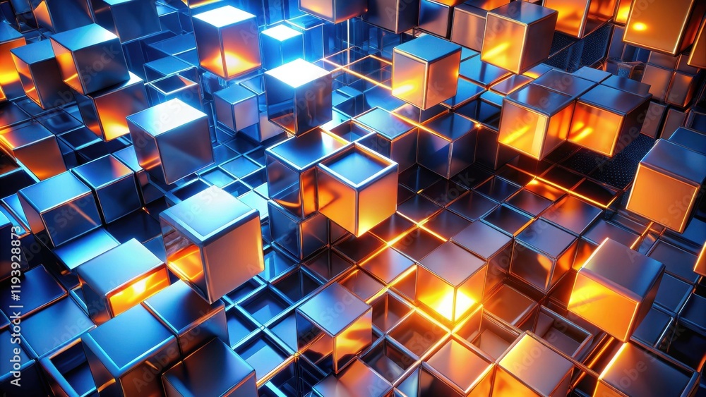 Poster abstract metallic cube structure with warm and cool light reflections