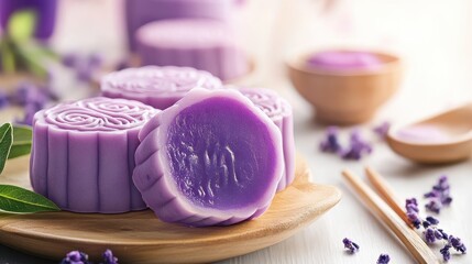 Lavender Mooncake Arrangement on a Wooden Plate