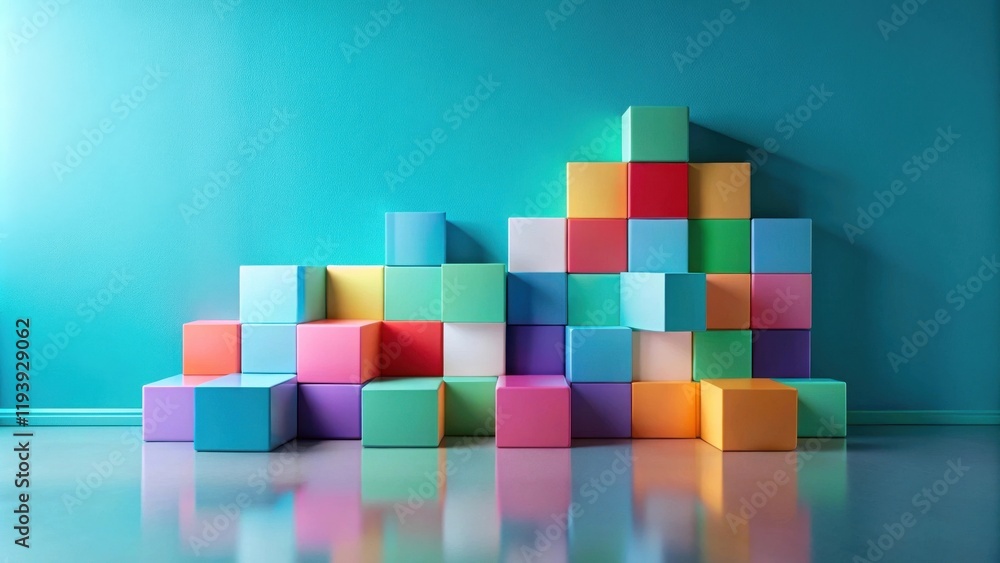 Poster Pastel-colored cubes form a vibrant, asymmetrical structure against a teal backdrop, showcasing playful design and creative arrangement.