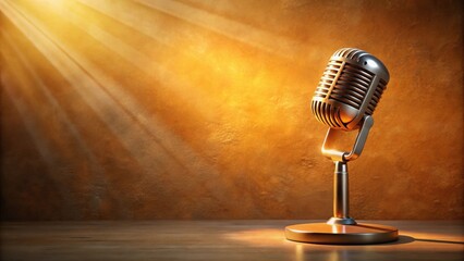 Golden Retro Microphone on Wooden Table with Warm Lighting