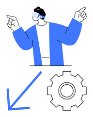 Person wearing virtual reality headset gestures enthusiastically. Symbols of gear and arrow suggest innovation, progress, and strategy. Ideal for technology, VR, digital tools, innovation, strategy