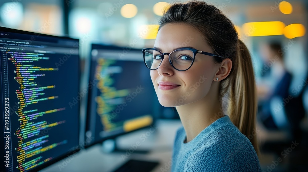 Poster confident young female programmer working on code at computer in modern office setting