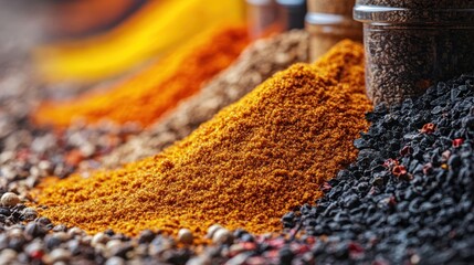 Colorful spice powders and peppercorns on a table. Food photography for recipe blogs and websites