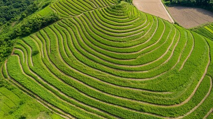 Fototapeta premium Aerial view of terraced rice fields showcasing agricultural practices.