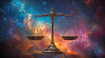 Scales of Justice Balanced in Cosmic Nebula Background.