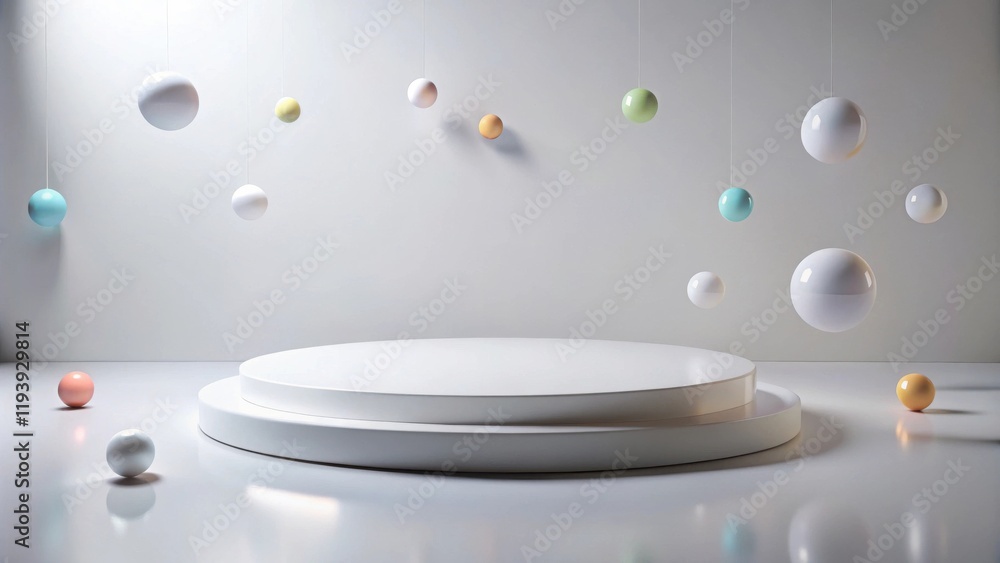 Poster minimalist display with floating pastel spheres and white circular platform