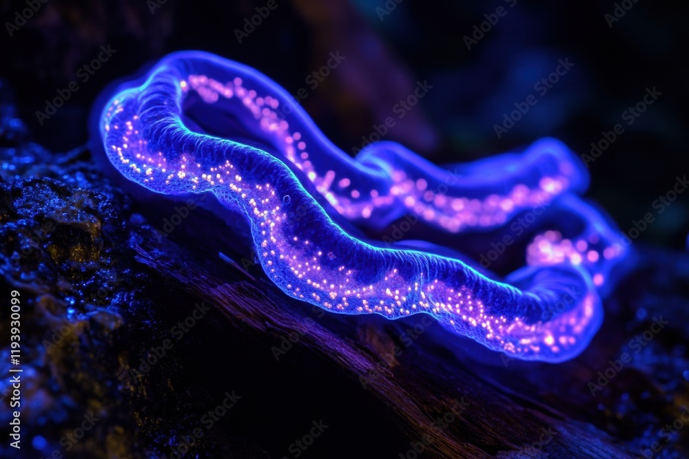 Poster Glowing bacteria shine with vivid colors under UV light in a darkened aquatic environment. Generative AI