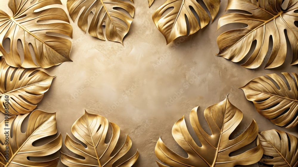 Aufkleber golden tropical leaves arranged on a beige background create a luxurious frame for design projects