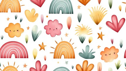 Naklejka premium Colorful Watercolor Pattern with Rainbows, Clouds, Plants, and Stars for Creative Projects and Design
