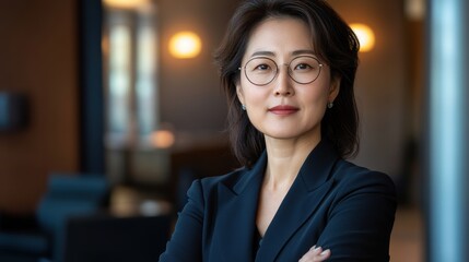 Fototapeta premium Confident Asian businesswoman in glasses, arms crossed. Ideal for corporate, leadership, or success themes.