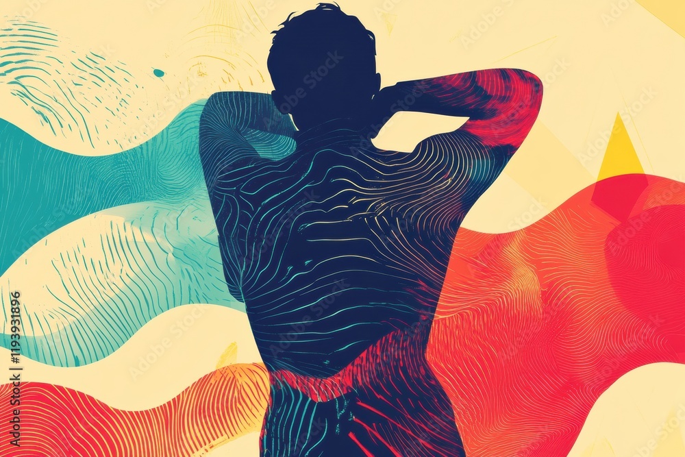 Aufkleber expressing physical discomfort through abstract representation of pain and emotion in vibrant colors