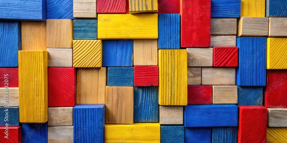 Poster Vibrant Wooden Block Wall Abstract Colorful Geometric Pattern of Interlocking Rectangular Shapes