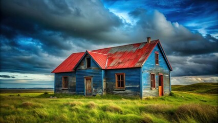 Rustic blue house with a red roof sits in a vibrant green field under a dramatic sky