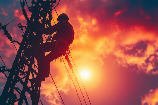 A lone, focused electrical lineworker, silhouetted against a vibrant sunrise, meticulously repairs power lines on a towering metal grid.

