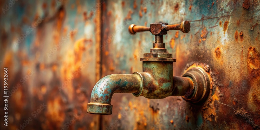 Poster rustic weathered faucet on a corroded metal surface a study in texture and time