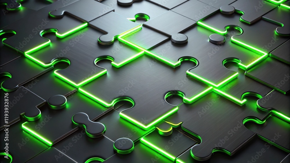 Poster interlocking metal puzzle pieces with glowing green lines a concept of connection and collaboration