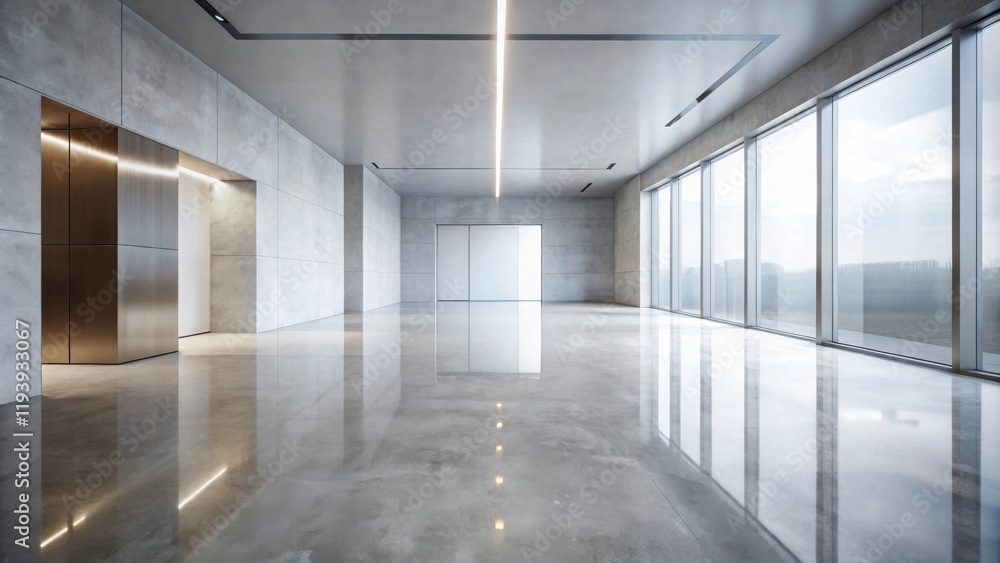 Poster modern minimalist interior design of a spacious room with polished concrete floor and large windows