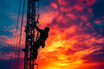 A lone, focused electrical lineworker, silhouetted against a vibrant sunrise, meticulously repairs power lines on a towering metal grid.

