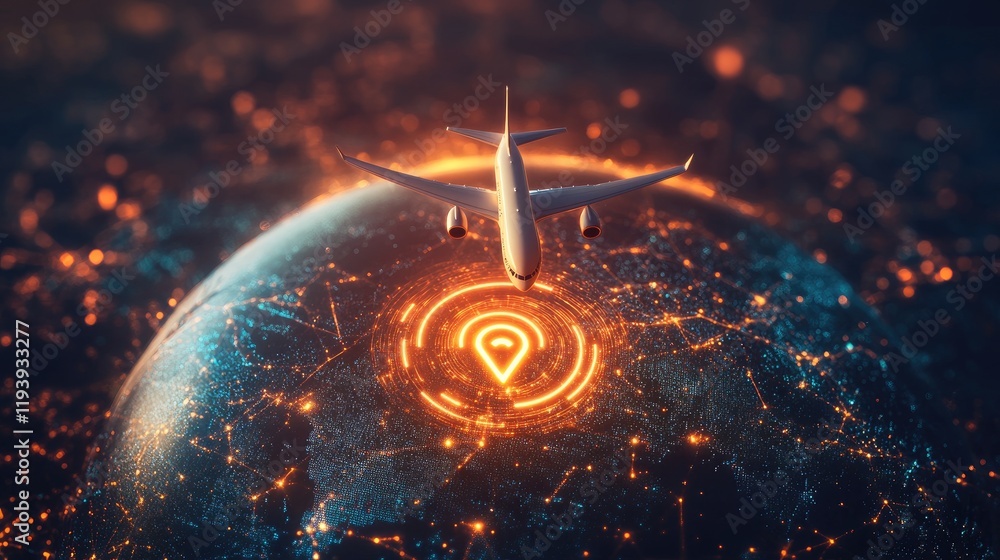 Poster A 3D airplane flying through a glowing geolocation icon on top of a digital globe, symbolizing global travel and technology.