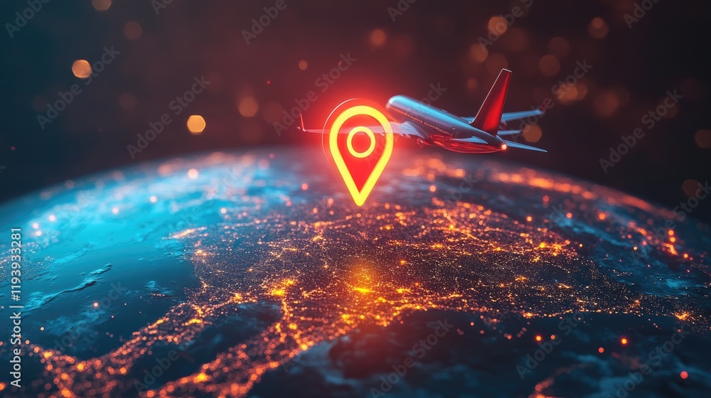 Poster a 3d airplane flying through a glowing geolocation icon on top of a digital globe, symbolizing globa
