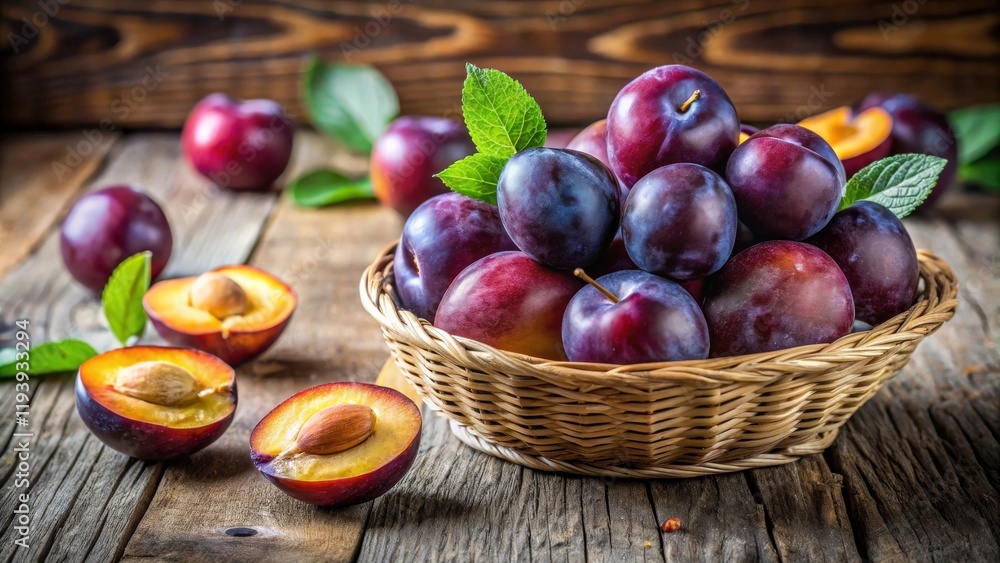 Poster a rustic wicker basket overflowing with ripe plums, complemented by halved plums showcasing their ju