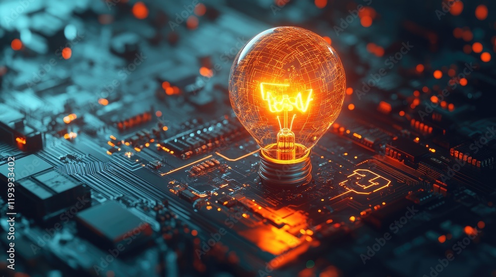 Poster a 3d rendering of a glowing lightbulb on a circuit board, symbolizing the intersection of innovation