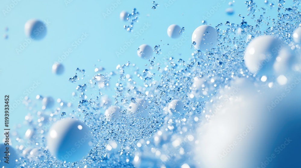 Poster A 3D rendering of water droplets splashing energetically on a light blue background, representing freshness and dynamic energy.