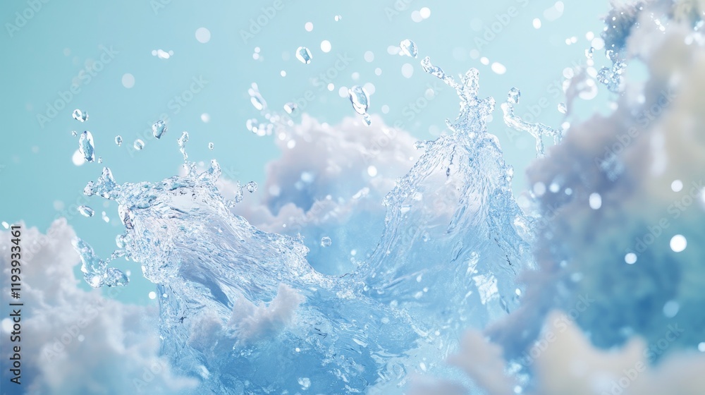 Poster a 3d rendering of water droplets splashing energetically on a light blue background, representing fr