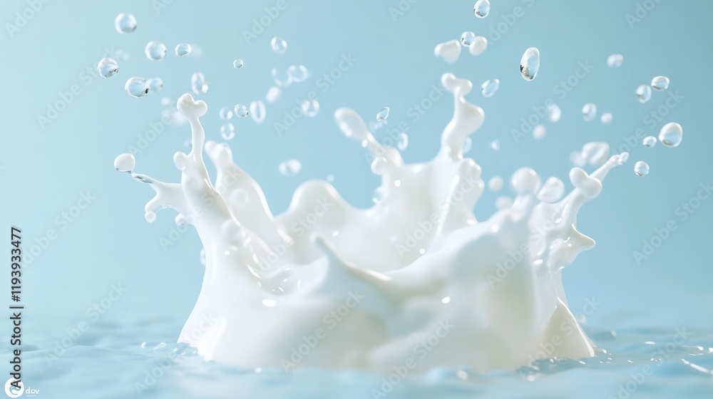 Poster A 3D rendering of water droplets splashing energetically on a light blue background, representing freshness and dynamic energy.