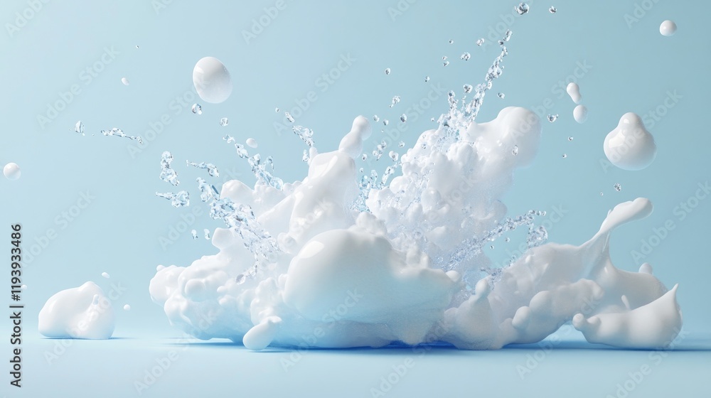 Aufkleber A 3D rendering of water droplets splashing energetically on a light blue background, representing freshness and dynamic energy.