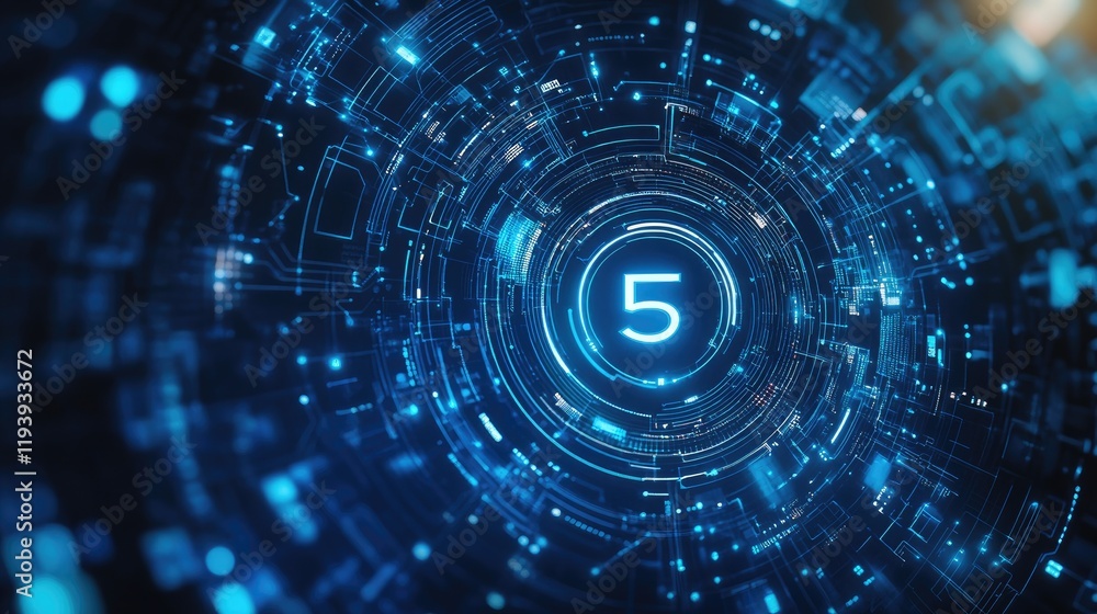 Aufkleber A 5G connection symbol surrounded by futuristic circuit designs on a gradient blue background, representing cutting-edge technology and wireless communication