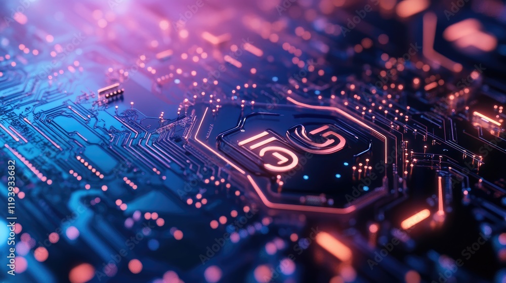 Poster A 5G connection symbol surrounded by futuristic circuit designs on a gradient blue background, representing cutting-edge technology and wireless communication