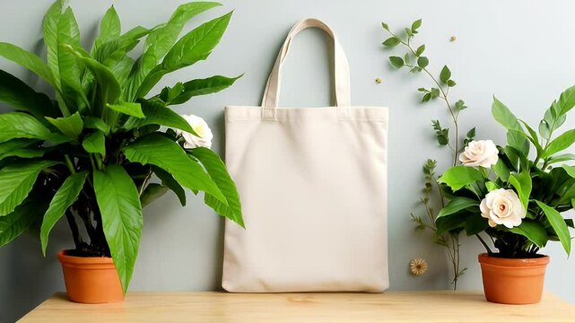 Beige cotton tote bag mockup with sprigs of greenery and small flowers on a light green background.