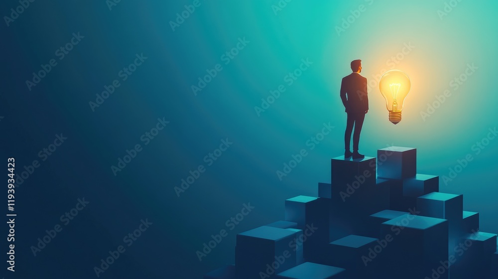 Poster a businessman standing on top of cubes, admiring a glowing lightbulb, symbolizing business innovatio