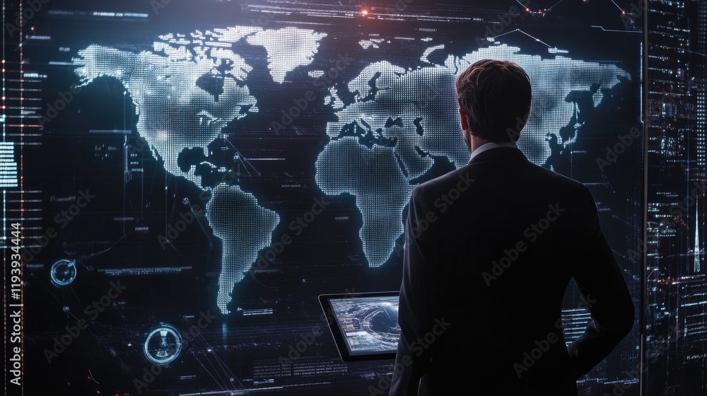 Poster A businessman viewing a 3D holographic blockchain world map on a tablet, representing cutting-edge blockchain technology.