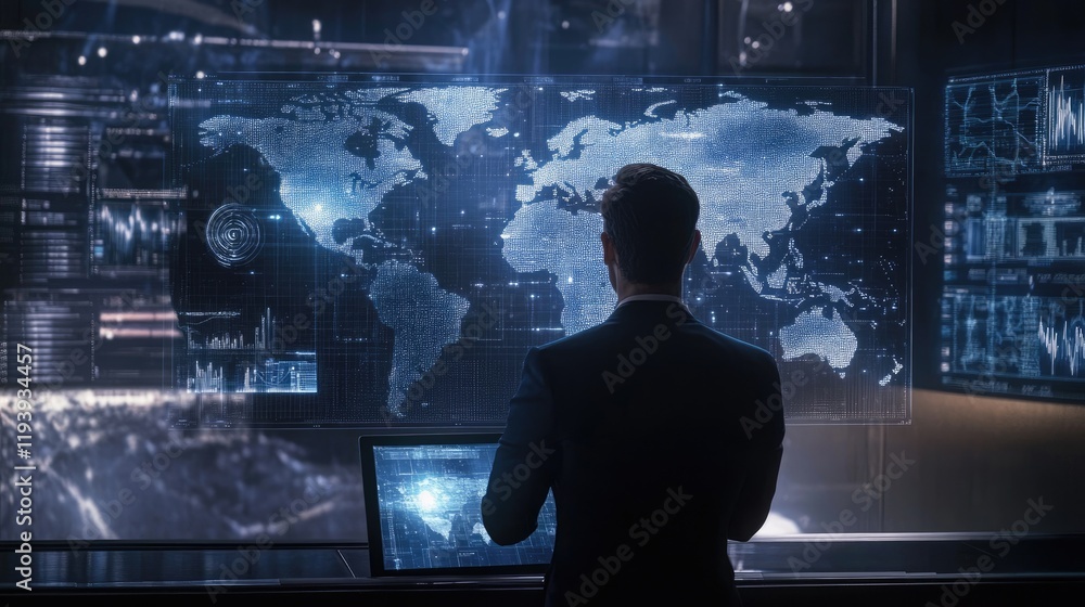 Poster A businessman viewing a 3D holographic blockchain world map on a tablet, representing cutting-edge blockchain technology.