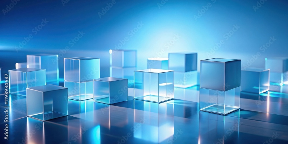 Poster abstract composition of illuminated glass cubes on reflective surface