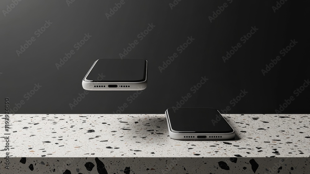 Poster a clean mockup of two smartphones floating above a terrazzo surface, set against a dark background, 