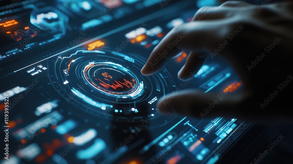 Poster a close-up of a hand interacting with a digital screen displaying financial data, stock market graph
