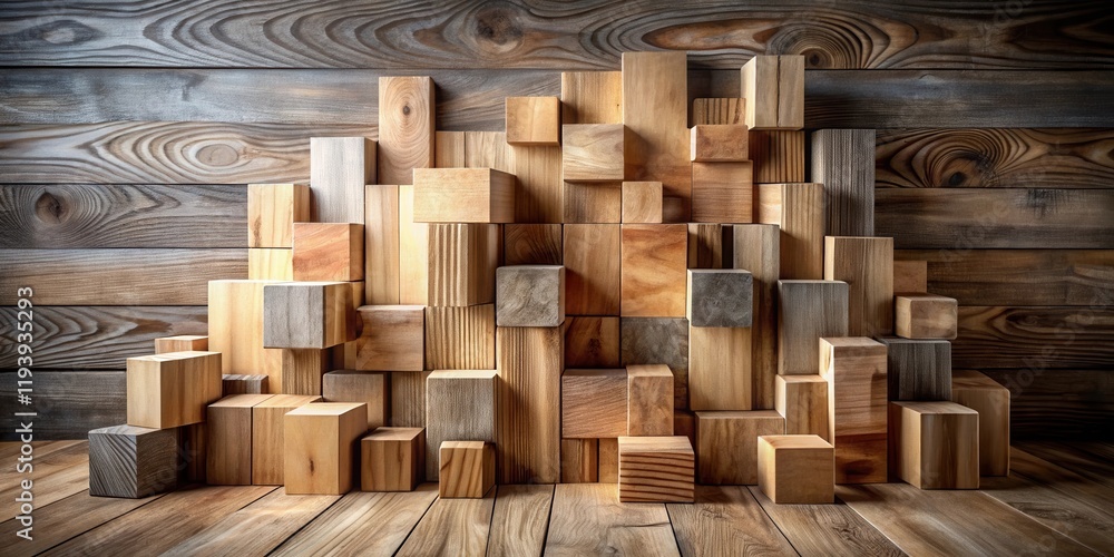 Poster abstract wooden block composition on a rustic background
