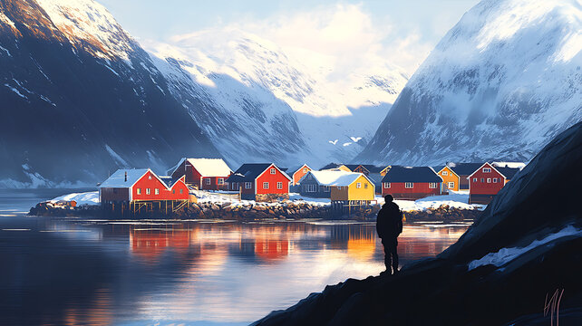 A man silhouette looking snowy town nuuk greenland landscape, colorful buildings, houses in yellow, red, green, and purple, the focus is bright lights, colorful buildings, exquisite details