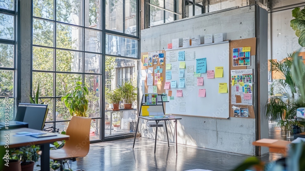 Poster a collaborative office setting with a flip chart, sticky notes, and large windows, capturing the spi