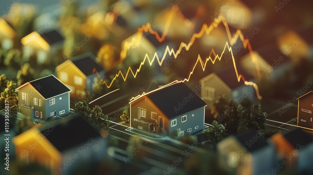 Poster a conceptual image of an upward trend graph in the real estate market, with small houses and rising 