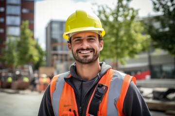 Fototapeta premium Smiling portrait of a young male Caucasian construction worker on site