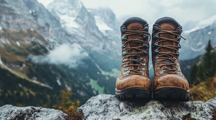 Well-worn leather hiking boots atop a mountain rock. Perfect for travel, adventure, and outdoor blogs.