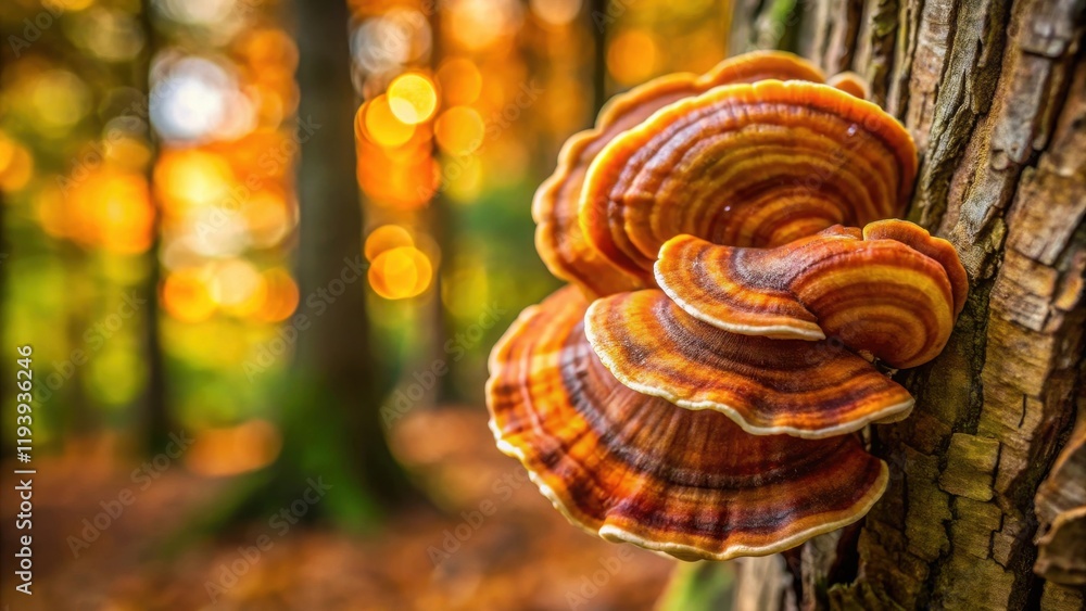 Poster autumnal forest fungus a detailed macro view of a shelf mushroom growing on a tree trunk