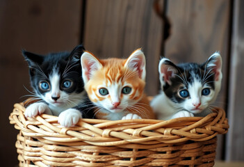 3 cute kittens in a basket 
