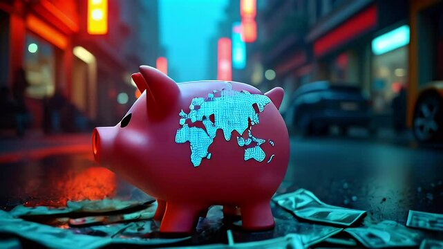 A pink piggy bank with a world map stands on scattered dollar bills in a rainy urban setting.