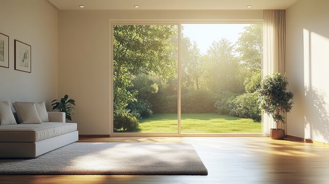 Fototapeta Sunny living room overlooking lush garden through sliding glass doors.